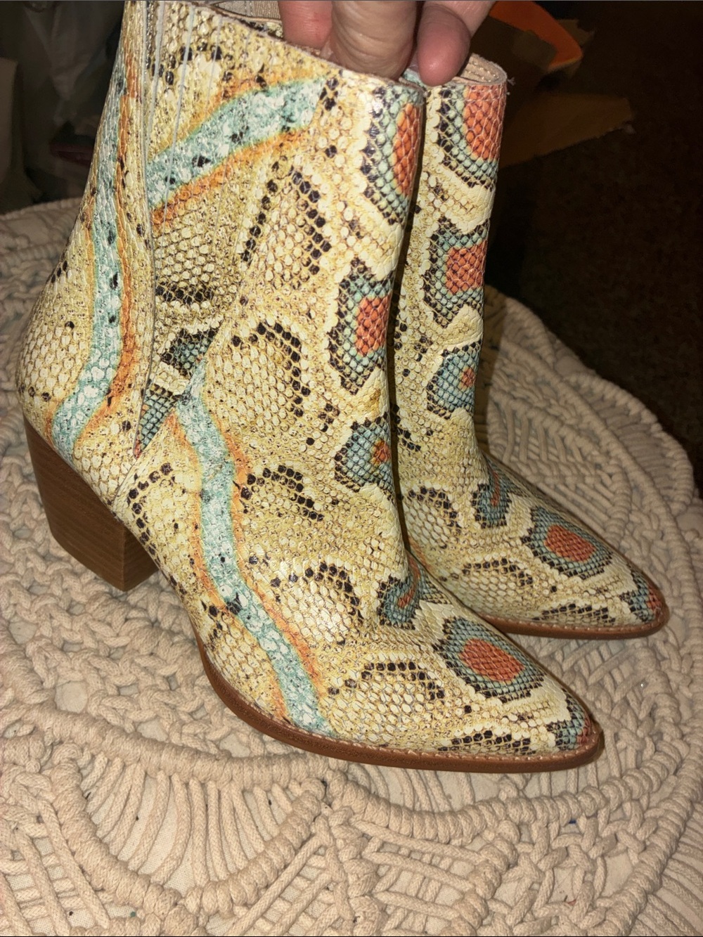 Matisse Cream Snakeskin Embossed Ankle Boots with Coral & Aqua Accents
